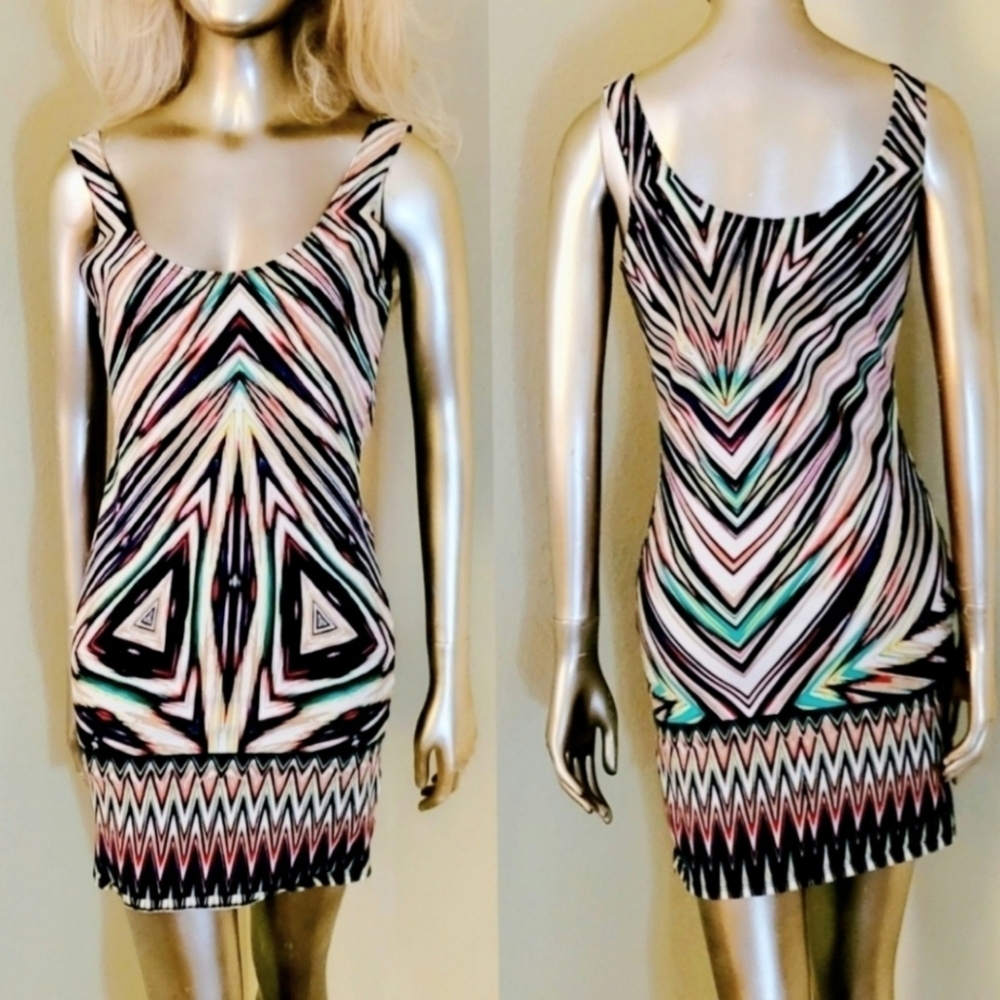 Abstract Print Scoop Neck Bodycon Summer Dress Sz Medium